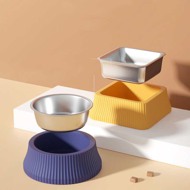 Stainless Steel Dog Bowl – Anti-Tip with Leather Placemat